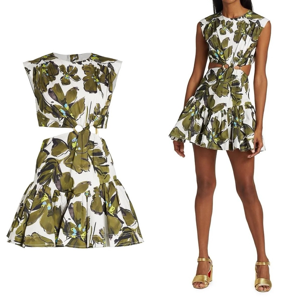 Aje Green and White Leaf Print Oasis Cut-out Horizon Olive Mini Dress
